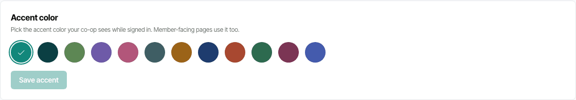 The Accent color card showing a row of color swatches with one selected.