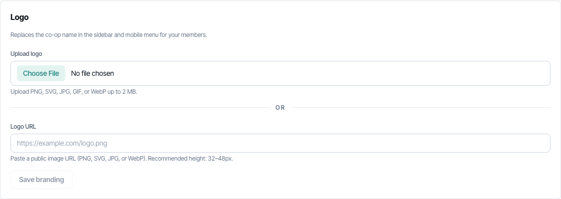 The Logo card in Settings, with a file upload and a logo URL field.