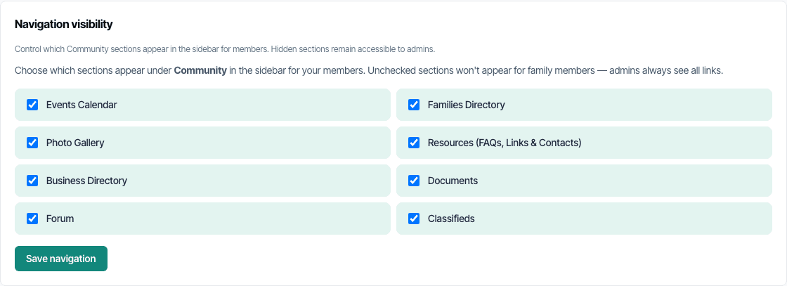 The Navigation visibility card with a checkbox for each Community section.