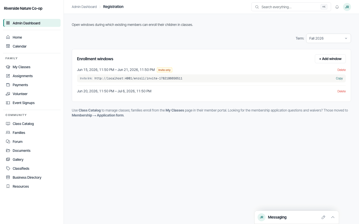 The Class Enrollment page showing two registration windows, one invite-only.