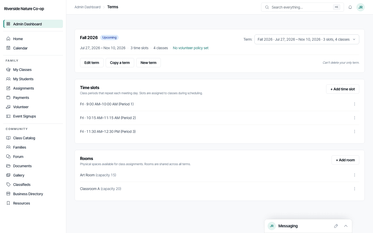 The Terms admin page showing a Fall 2026 term with time slots and rooms below it.