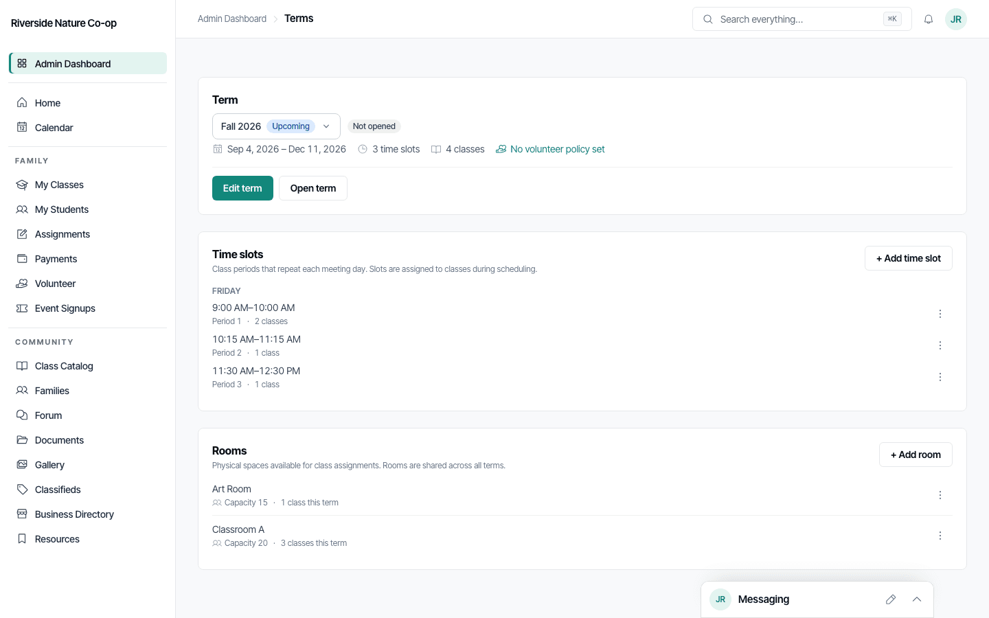 The Terms admin page showing a Fall 2026 term with time slots and rooms below it.